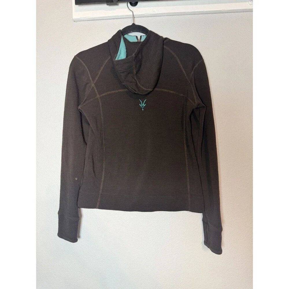 Ibex Women's Full Zip Hoodie Sweater Small Rambouillet Wool Brown Teal
